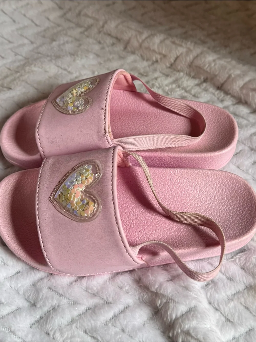 Kids Pink Sequin Heart Slide Sandals